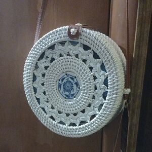 Hand Woven Round Crossbody Bag in White with Blue Accent. New